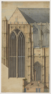 28665 Gezicht op de zuidgevel van het zuidertransept en twee traveeën van het koor van de Domkerk te Utrecht uit het zuiden.